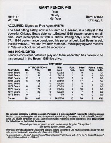 1985 McDonald's Chicago Bears - Yellow Tab #NNO Gary Fencik Back