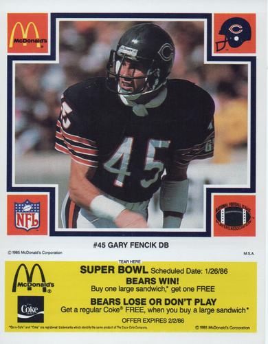 1985 McDonald's Chicago Bears - Yellow Tab #NNO Gary Fencik Front