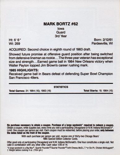 1985 McDonald's Chicago Bears - Yellow Tab #NNO Mark Bortz Back