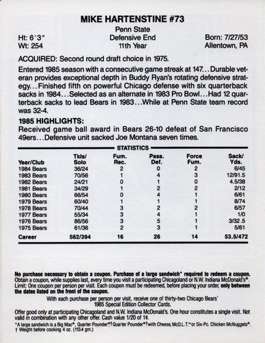 1985 McDonald's Chicago Bears - Yellow Tab #NNO Mike Hartenstine Back