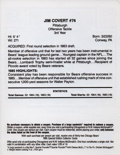 1985 McDonald's Chicago Bears - Yellow Tab #NNO Jim Covert Back