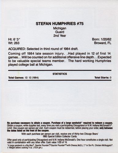 1985 McDonald's Chicago Bears - Yellow Tab #NNO Stefan Humphries Back