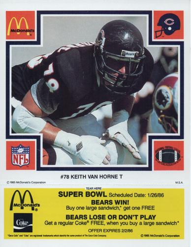 1985 McDonald's Chicago Bears - Yellow Tab #NNO Keith Van Horne Front