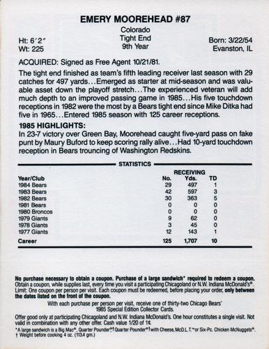 1985 McDonald's Chicago Bears - Yellow Tab #NNO Emery Moorehead Back