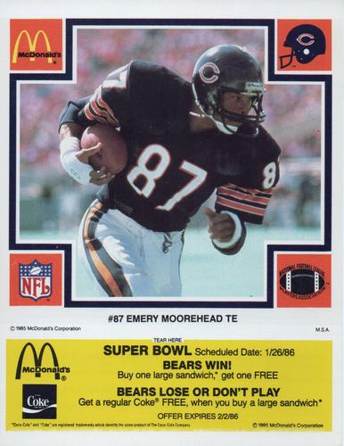 1985 McDonald's Chicago Bears - Yellow Tab #NNO Emery Moorehead Front