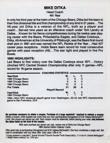 1985 McDonald's Chicago Bears - Yellow Tab #NNO Mike Ditka Back