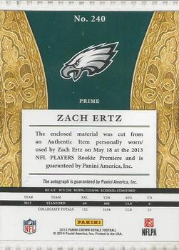 2013 Panini Crown Royale #240 Zach Ertz Back