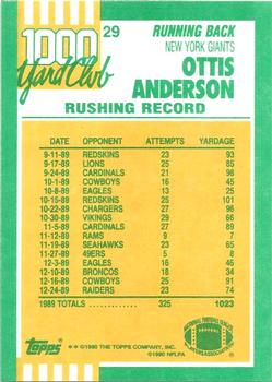 1990 Topps - 1000 Yard Club #29 Ottis Anderson Back
