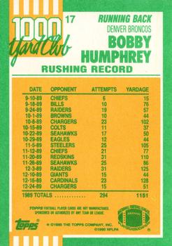 1990 Topps - 1000 Yard Club #17 Bobby Humphrey Back