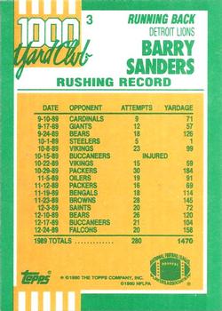 1990 Topps - 1000 Yard Club #3 Barry Sanders Back