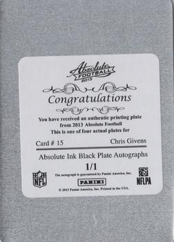 2013 Panini Absolute - Absolute Ink Printing Plates Black #15 Chris Givens Back
