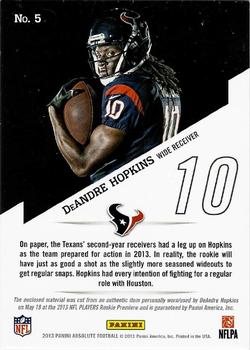 2013 Panini Absolute - Leather and Laces Shoes #5 DeAndre Hopkins Back