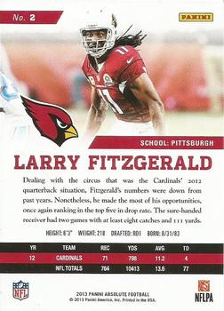 2013 Panini Absolute - Retail #2 Larry Fitzgerald Back