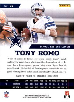 2013 Panini Absolute - Retail #27 Tony Romo Back