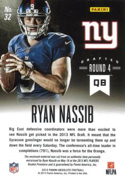 2013 Panini Absolute - NFL Rookie Jersey Collection #32 Ryan Nassib Back