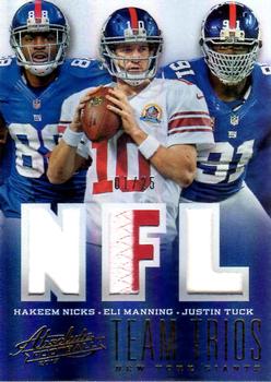 2013 Panini Absolute - Team Trios NFL Materials Prime #20 Hakeem Nicks / Eli Manning / Justin Tuck Front