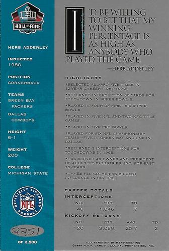 1998 Ron Mix HOF Autographs - Platinum #NNO Herb Adderley Back