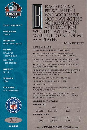 1998 Ron Mix HOF Autographs - Platinum #NNO Tony Dorsett Back