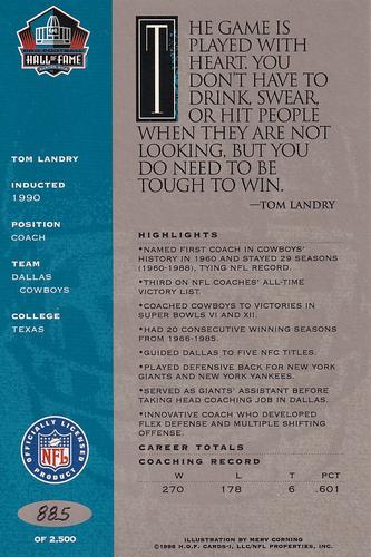 1998 Ron Mix HOF Autographs - Platinum #NNO Tom Landry Back