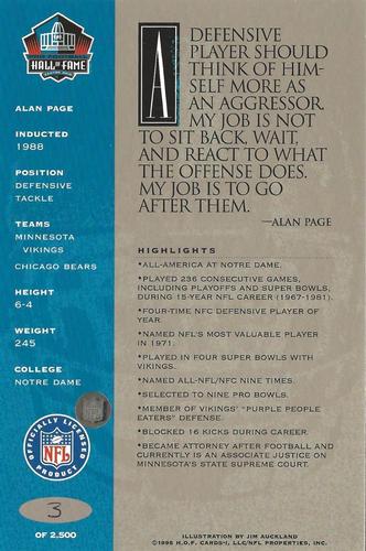 1998 Ron Mix HOF Autographs - Platinum #NNO Alan Page Back