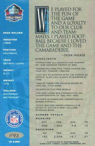 1998 Ron Mix HOF Autographs - Platinum #NNO Doak Walker Back