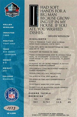 1998 Ron Mix HOF Autographs - Platinum #NNO Kellen Winslow Back
