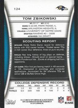 2008 Bowman #124 Tom Zbikowski Back