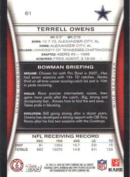 2008 Bowman #61 Terrell Owens Back
