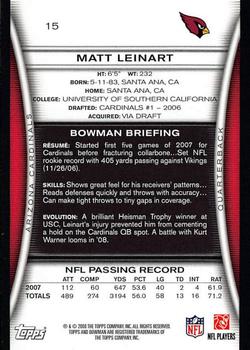 2008 Bowman #15 Matt Leinart Back