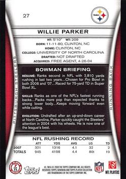 2008 Bowman #27 Willie Parker Back