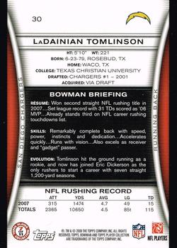 2008 Bowman #30 LaDainian Tomlinson Back