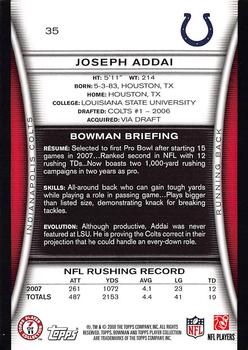 2008 Bowman #35 Joseph Addai Back