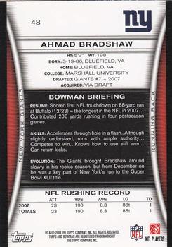 2008 Bowman #48 Ahmad Bradshaw Back