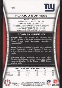 2008 Bowman #60 Plaxico Burress Back