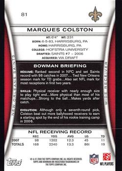 2008 Bowman #81 Marques Colston Back