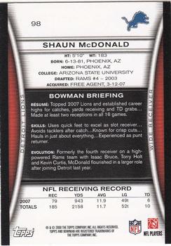 2008 Bowman #98 Shaun McDonald Back