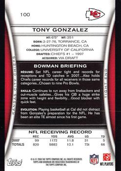 2008 Bowman #100 Tony Gonzalez Back