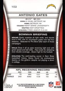 2008 Bowman #102 Antonio Gates Back