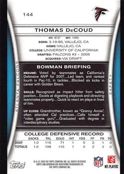 2008 Bowman #144 Thomas DeCoud Back