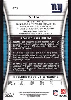 2008 Bowman #272 DJ Hall Back
