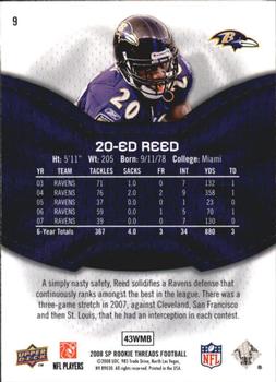 2008 SP Rookie Threads #9 Ed Reed Back