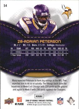 2008 SP Rookie Threads #54 Adrian Peterson Back