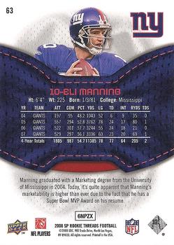 2008 SP Rookie Threads #63 Eli Manning Back