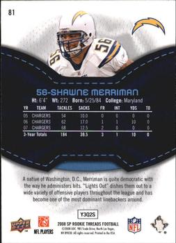 2008 SP Rookie Threads #81 Shawne Merriman Back