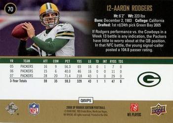 2008 SP Rookie Edition #70 Aaron Rodgers Back