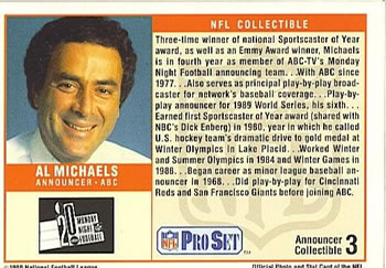 1989 Pro Set - Announcer Collectibles #3 Al Michaels Back