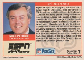 1989 Pro Set - Announcer Collectibles #7 Mike Patrick Back