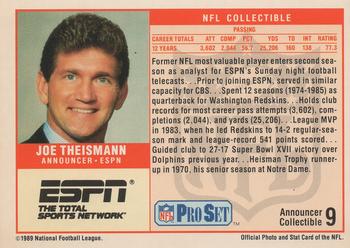 1989 Pro Set - Announcer Collectibles #9 Joe Theismann Back