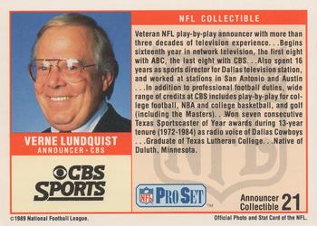 1989 Pro Set - Announcer Collectibles #21 Verne Lundquist Back