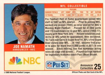 1989 Pro Set - Announcer Collectibles #25 Joe Namath Back